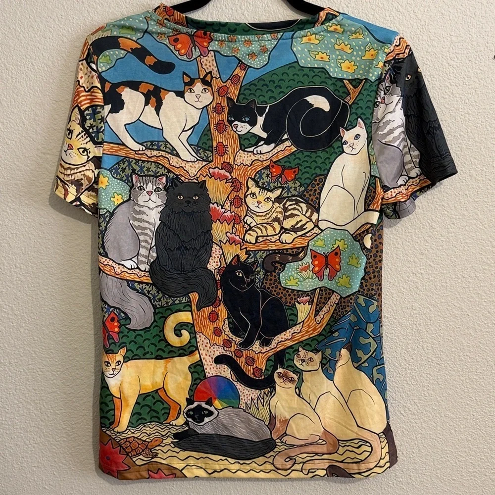 Shall We Cats on Tree Multicolor Print V-Neck Short Sleeve Kitty Lovers